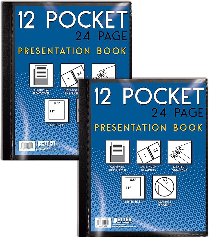 Better Office Products 12 Pocket Bound Presentation Book, Black, Clear View Front Cover, 24 Sheet Protector Pages, 8.5" x 11" Sheets, Art Portfolio, Durable Poly Covers, Letter Size (2 Pack)