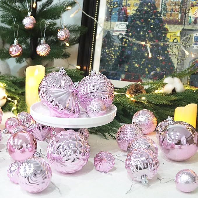Christmas Ornaments Set with 36pcs Shatterproof Christmas Tree Decorations Multi-Size Christmas Ball Ornaments with 7 Styles Pink