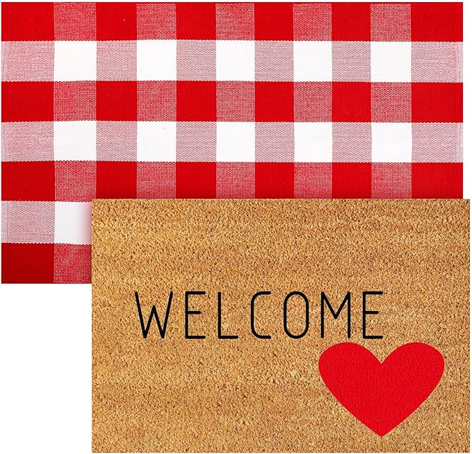 2 Pcs Valentine's Day Coir Welcome Doormat Valentine's Day Rug Outdoor Layered Buffalo Plaid Red and White Mat Red Heart Mat for Front Porch Entryway Outdoor