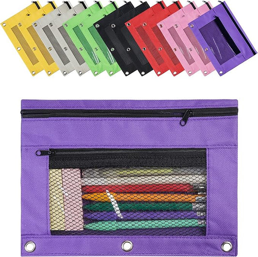 CHEPULA 14 Pack 3 Rings Binder Pencil Pouch, 2 Layer Pencil Case with Zipper and Mesh Window, Wear-resistant Oxford Fabric, Small Cosmetic Bag Pen Case for Home Office