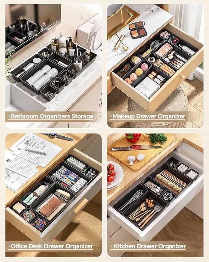 25 PCS Plastic Drawer Organizers Set, 4 Sizes Vanity Organizer, Makeup and Desk Drawer Organizer Trays, Organization and Storage for Makeup, Bathroom, Kitchen Utensils and Office (Black)