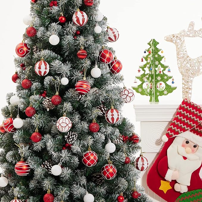 100Pcs Elegant Christmas Balls Set Christmas Tree Ornaments with Glitter and Patterns Bulk Ornaments for Tree as Festive Christmas Decor Xmas Ball Set Red White