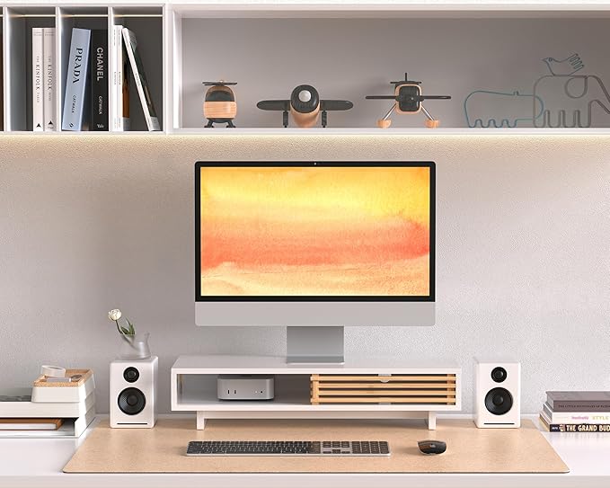 Monitor Stand Riser with Sliding Door, Computer Laptop Stand Desk Shelf Organizer with Storage (White + Natural Bamboo, 25 Inch)