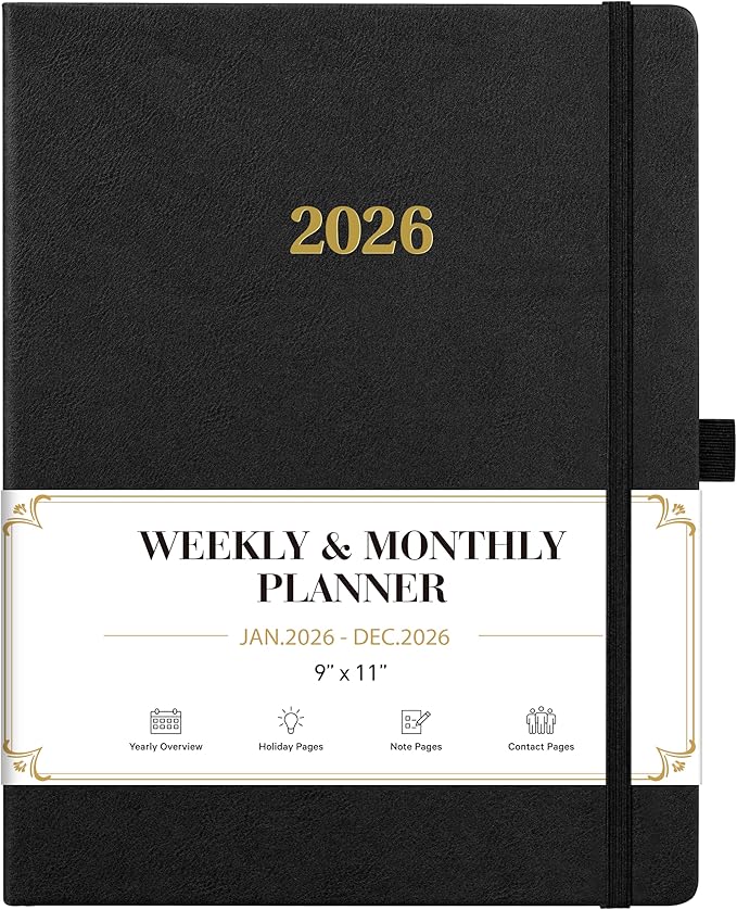 2026 Planner - Weekly and Monthly Planner 2026, Jan.2026 - Dec.2026, 9" x 11", 2026 Calendar Planner with Inner Pocket + Bookmarks+ Leather Hardcover, Black