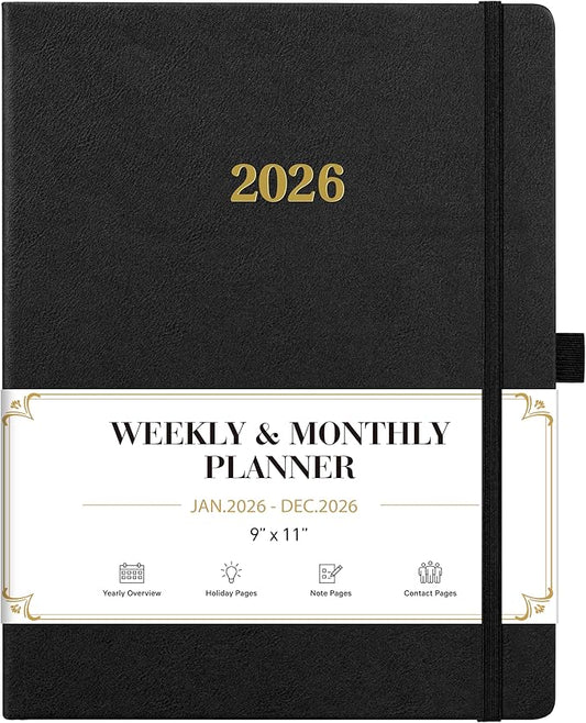 2026 Planner - Weekly and Monthly Planner 2026, Jan.2026 - Dec.2026, 9" x 11", 2026 Calendar Planner with Inner Pocket + Bookmarks+ Leather Hardcover, Black