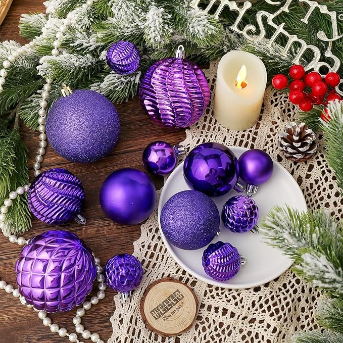 Christmas Balls Ornaments -36pcs Shatterproof Christmas Tree Decorations with Hanging Loop for Xmas Tree Wedding Holiday Party Home Decor,6 Styles in 3 Sizes(Purple)
