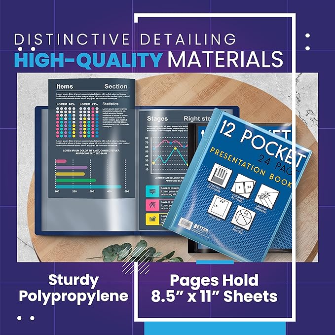 Better Office Products 12 Pocket Bound Presentation Book, Assorted Colors, Clear View Front Cover, 24 Sheet Protector Pages, 8.5" x 11" Sheets, Art Portfolio, Poly Covers, Letter Size (12 Pack)