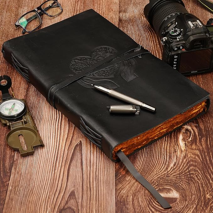 LUXEORIA Heart Journal for Women and Men, Handcrafted Leather Journal for Writing Womens, Sketchbook, Travel Diary with Unlined Deckle Paper, Black 8x13