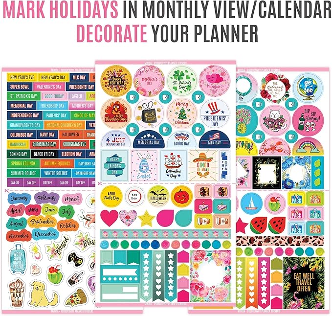 Mirida Planner Stickers – 1700 Productivity Mini Icons for Adults Calendar – Work, Daily To Do, Budget, Family, Holidays, Journaling – Variety Pack with Monthly Tabs