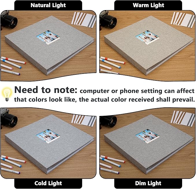 Vienrose Scrapbook Photo Album 12x12 Inch 3 Ring Binder, Linen Cover Large DIY Scrapbooks with 50 Sheets Plastic Sleeves 100 Pages Blank Khaki Inner Pages for Wedding Birthday Travel Baby Photos Grey