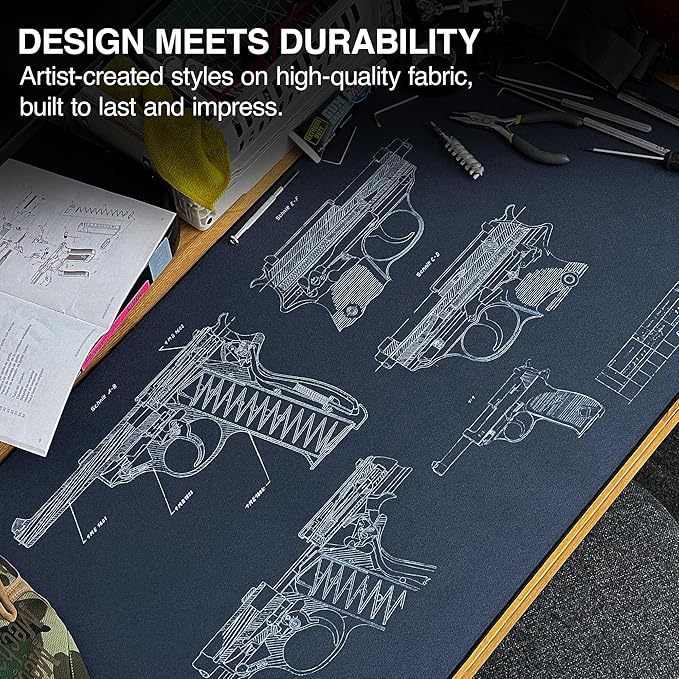 MPCO. Blueprints Large Gaming Desk Pad - 36" x 17" Duraglyde Fabric Pistol 38 – Blue Desk Mats - Non-Slip, Washable, Smooth Glide for Precision Gaming & Work