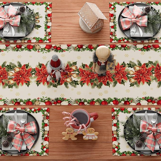 XCHI Christmas Poinsettias Leaves Bells Snowflakes Winter Xmas Table Runner Table Decoration for Home Kitchen Dining Holiday Decor 13x90 Inch