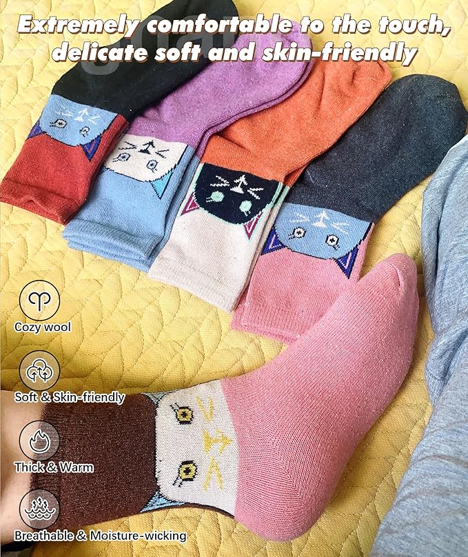IIG Cute Warm Wool Socks for Women Super Cozy Thick Crew Winter Socks Gifts, 5 Pairs