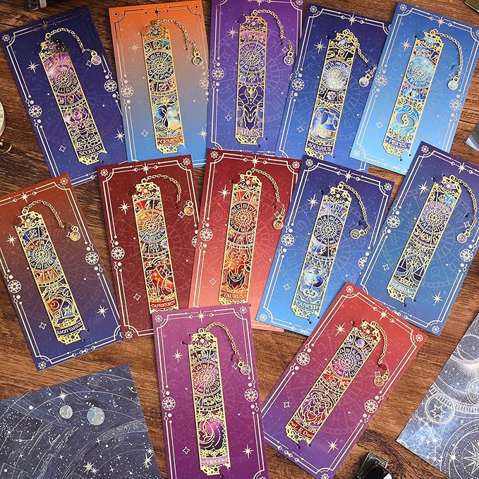 12 PCS Zodiac Theme Metal Bookmark for Women, Gold Hollow Astrology Bookmarks Set Funny Book Mark for Girls, Teenage, Student, Readers, Men, Horoscope Themed Gifts for Book Lovers, Birthday Present