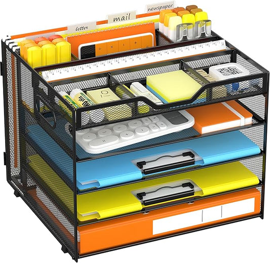 Docnest 5 Tier Letter Tray with Hanging File Organizer-Mesh Desk Organizer-Desktop Storage Box Built in Pen Holder and Handles, File Folder Holder for Mail Documents Office Supplies-Black