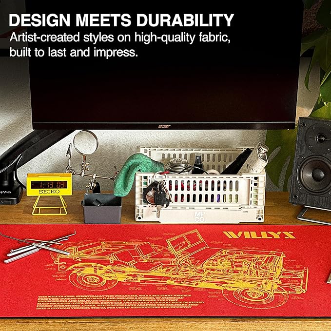 MPCO. Blueprints Large Gaming Desk Pad - 36" x 17" Duraglyde Fabric Willys Jeep – Orange Desk Mats - Non-Slip, Washable, Smooth Glide for Precision Gaming & Work