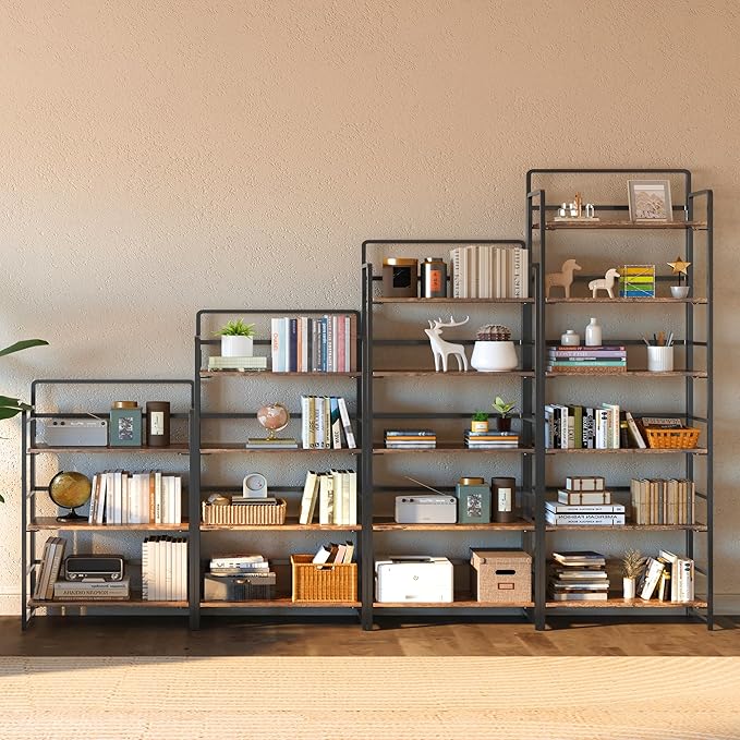 4NM No Assembly 6 Tiers Folding Bookshelf Storage Shelves Vintage Bookcase Standing Racks Study Organizer Home Office (Rustic Brown Black)