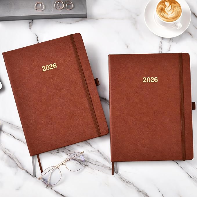Vondafe 2026 Planner - Weekly and Monthly Planner 2026, Jan.2026 - Dec.2026, 9" x 11", 2026 Calendar Planner with Inner Pocket + Elastic Closure + Pen Loop + Bookmarks, Leather Hardcover - Brown