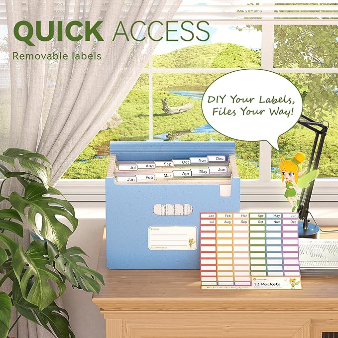 Accordion File Organizer, 12 Pockets Wheat Straw Expanding File Folder, Portable Monthly Paper Bill Tax Receipt Organizer, Letter A4 Size Document Holder，Green Office with Colorful Tab，UN Blue