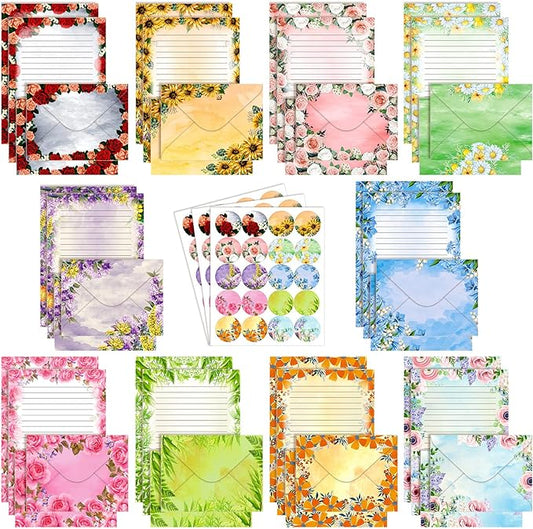 TaoBary 160 Pcs Stationery Paper Set 50 Double Sided Stationery Papers with 50 Matching Envelopes and 60 Round Dot Sticker, 10 Design(Flower,5.5 x 8.25 Inch)