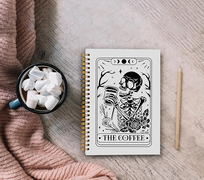 The Coffee Tarot Journal Notebook - Coffee Lover Gifts, Tarot Lover Gifts, Gothic Skeleton Notebook, Witchy Journal, Witchy Gifts for Women, Gothic Office Supplies, Spiral Notebook 5.5x8.3