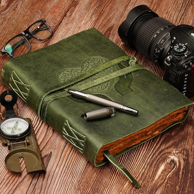 LUXEORIA Heart Journal for Women and Men, Handcrafted Leather Journal for Writing Womens, Sketchbook, Travel Diary with Unlined Deckle Paper, Dark Green 7x10