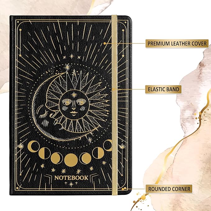 Artfan Ruled Notebook/Journal – Premium Thick Paper Faux Leather Classic Writing Notebook with Pocket + Page Dividers Gifts, Banded, Large, 144 Pages, Hard Cover, Lined (5.8 x 8.4) - Sun and Moon