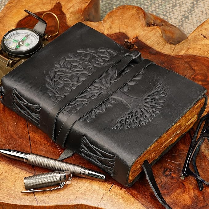 LUXEORIA Tree Of Life Leather Journal for Women and Men, Handcrafted Leather Journal for Writing Womens, Sketchbook, Travel Diary with Unlined Deckle Paper, Black 6x8