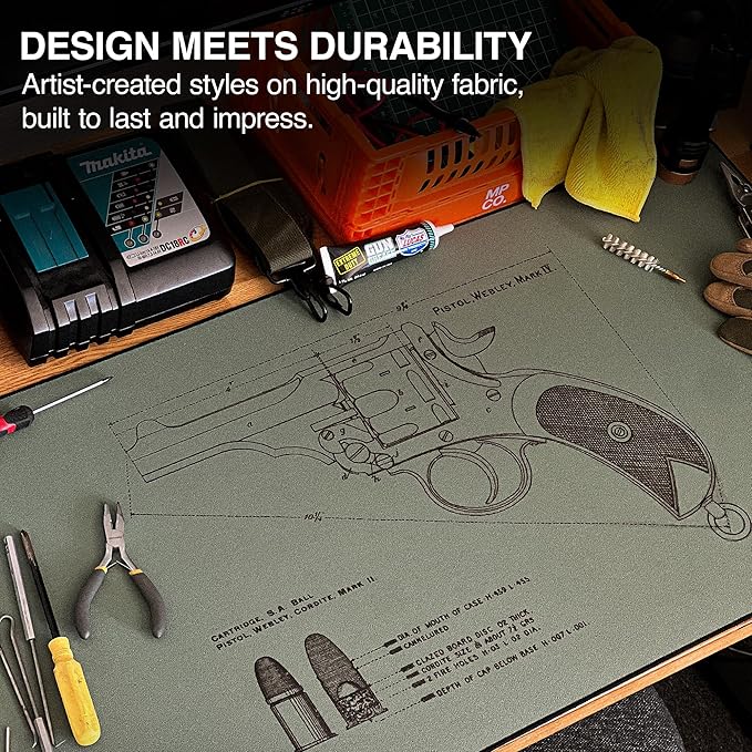 MPCO. Blueprints Large Gaming Desk Pad - 36" x 17" Aeroglyde Fabric Pistol Webly Mark IV – Green Desk Mats - Non-Slip, Washable, Smooth Glide for Precision Gaming & Work