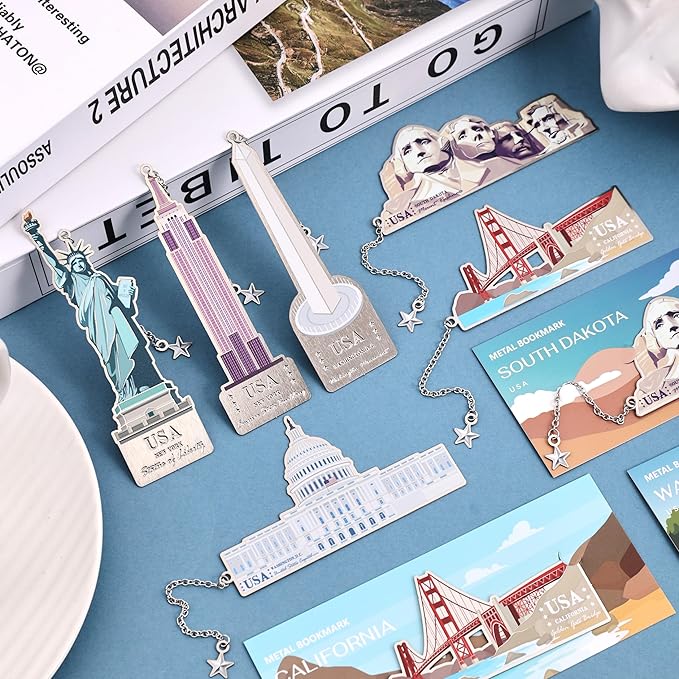 6 Pcs Silver Metal Bookmarks, Elegant Statue of Liberty America Famous Landmark Building Theme Bookmark for Women, USA Commemorate Bookmark Gift for Book Lovers Writers Readers Girls Teenage Children