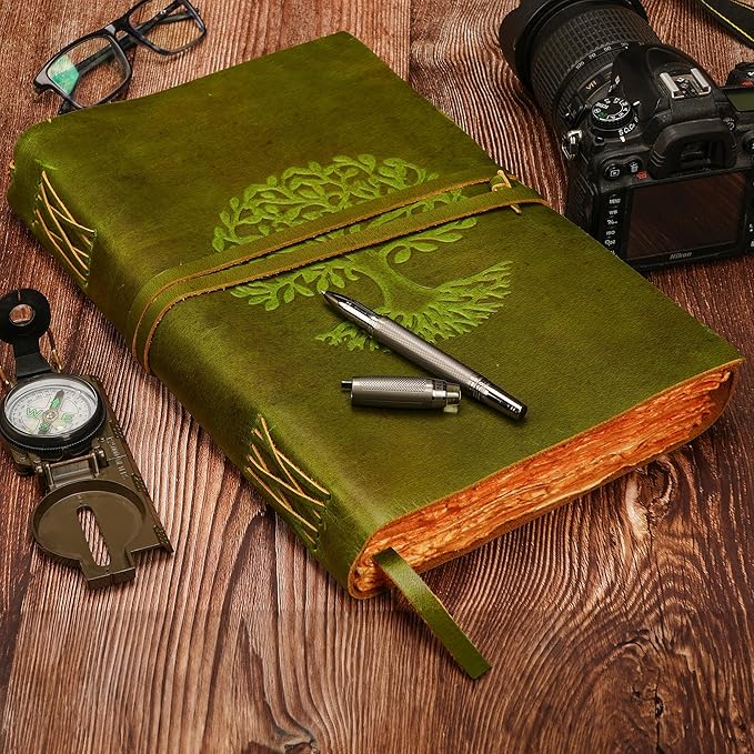 LUXEORIA Tree Of Life Leather Journal for Women and Men, Handcrafted Leather Journal for Writing Womens, Sketchbook, Travel Diary with Unlined Deckle Paper, Mint Green 8x13