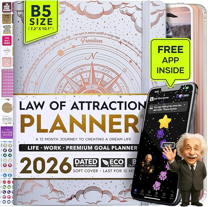 2026 Planner Weekly and Monthly | Law of Attraction Planner with Panduo App | A 12 Month Journey for Productivity, Gratitude & Goal Setting | Includes Foldable Vision Board, Gift Box & Stickers
