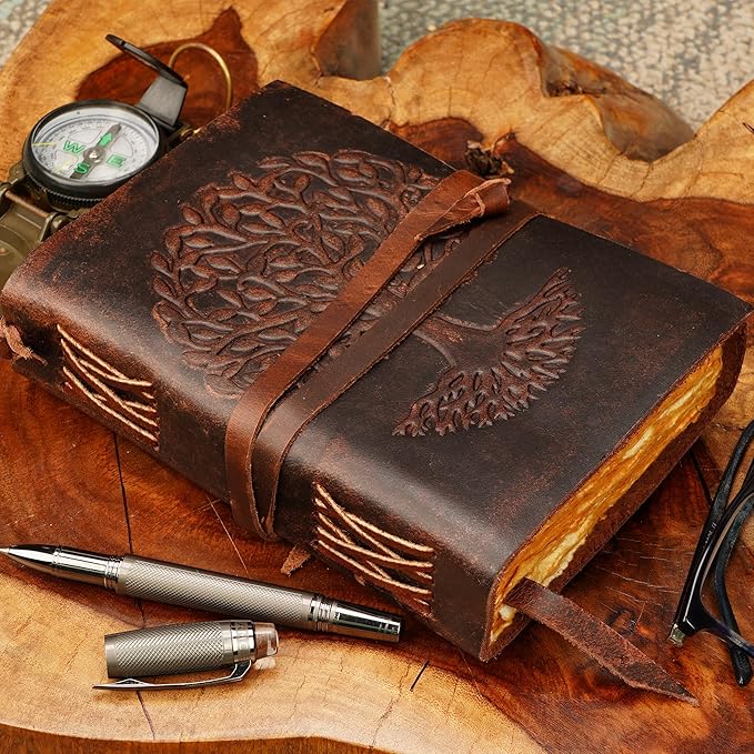 LUXEORIA Leather Journal for Women and Men, 200 Pages - 6"x8", Travel Dairy, Unlined Women's Notebook, Tree Of Life Sketchbook for Drawing, Writing- Antique Deckle Edges Handmade Paper, Vintage Brown