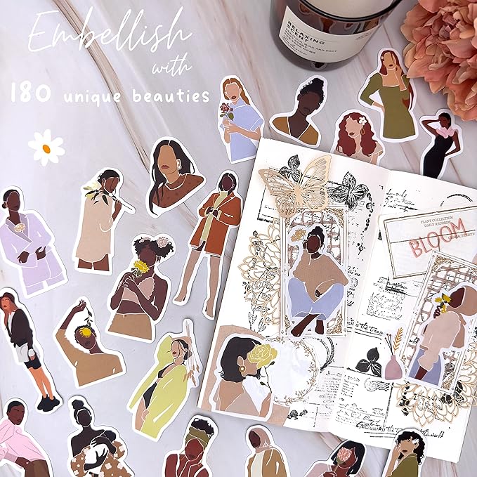 People Scrapbook Sticker Set - 318 Journaling Scrapbooking Stickers. Planner Sticker Dolls with Diverse Girls & Black Women, Flowers, and Quotes
