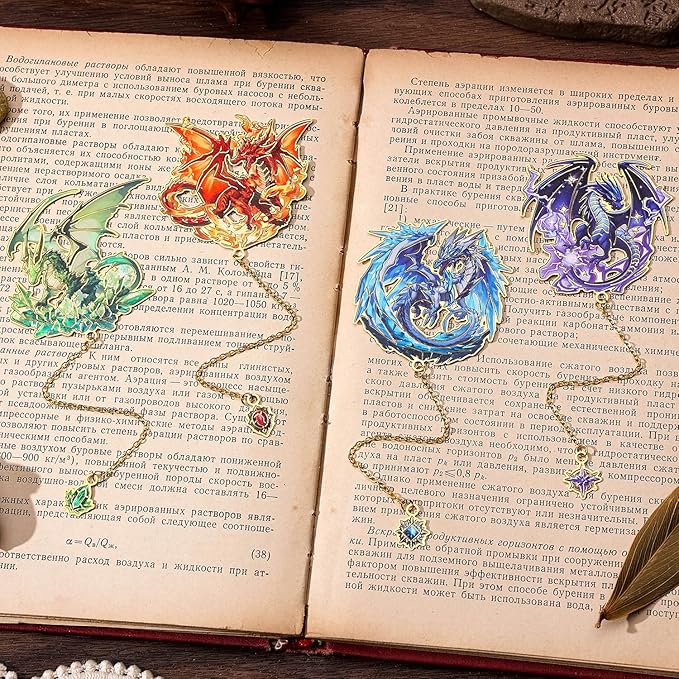 Fantasy Fourth Wings Dragon Bookmarks -4 Designs: Fire Red,Ice Blue,Thunder Purple,Forest Green-Unique Cool Metal Book Marks for Men Women, Inspirational Gift for Kid, Readers, Book Lovers, Collectors