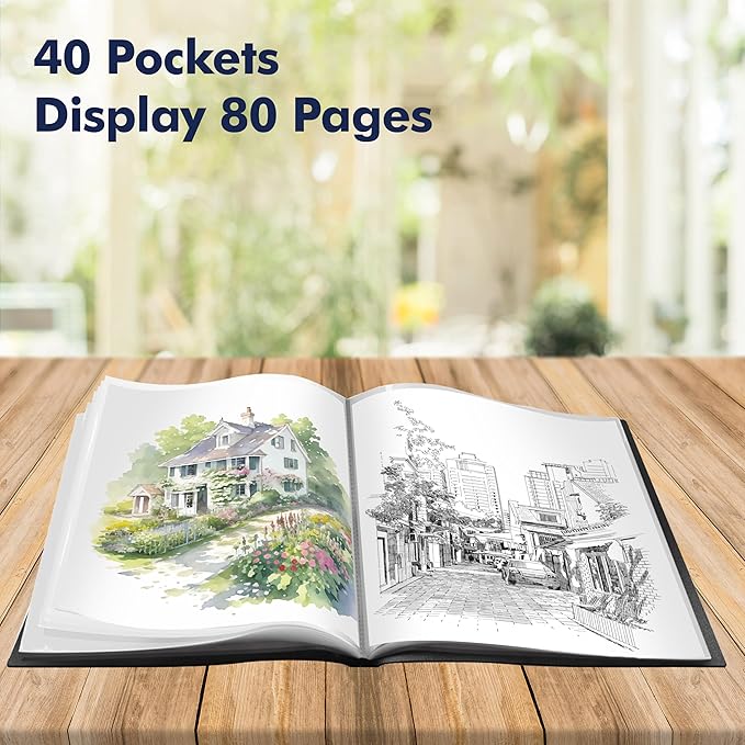 Art Portfolio Folder, 40 Clear Pockets Paper Protectors Display 80 Pages Clear Presentation Book for Artworks, Letters, Report Sheets, Documents (Can Accommodate 11” x17”)