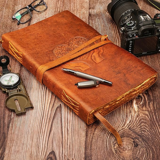 LUXEORIA Heart Journal for Women and Men, Handcrafted Leather Journal for Writing Womens, Sketchbook, Travel Diary with Unlined Deckle Paper, Tan 8x13