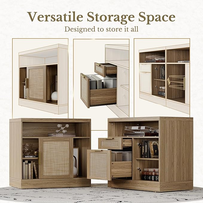 63'' File Cabinet with 2 Lockable Drawers, Fluted Wood Filing Cabinet for Home Office with AC/USB, Adjustable Storage Shelves, Fits for Letter and A4 Size, Black Walnut