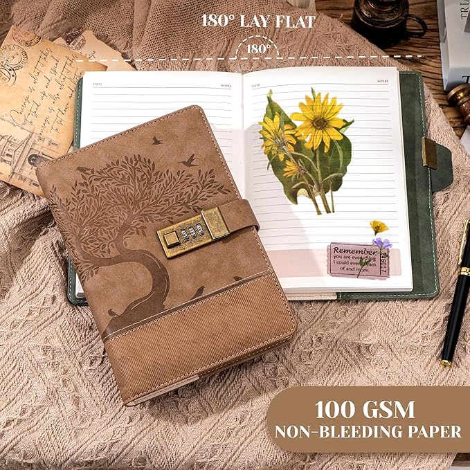 Vintage Diary with Lock for Women Men 256 Pages Leather Password Journal with Lock A5 Locked Journals for Writing Note Taking, 5.9x 8.3 in, Brown