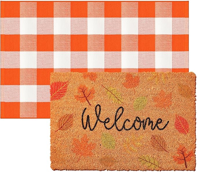 2 Pcs Thanksgiving Coir Doormat Outdoor Thanksgiving Maple Leave Welcome Outdoor Rugs for Layered Buffalo Orange White Plaid Mats for Autumn Fall Front Door Porch Entryway Decor