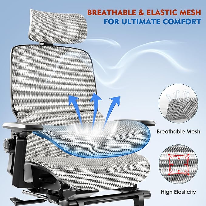 Ergonomic Office Chair, High Back Desk Chairs with Retractable Footrest, Breathable Mesh, Adjustable Headrest, 3D Armrests, Lumbar Support, Tilt Function, Comfy Swivel Computer Gaming Chair