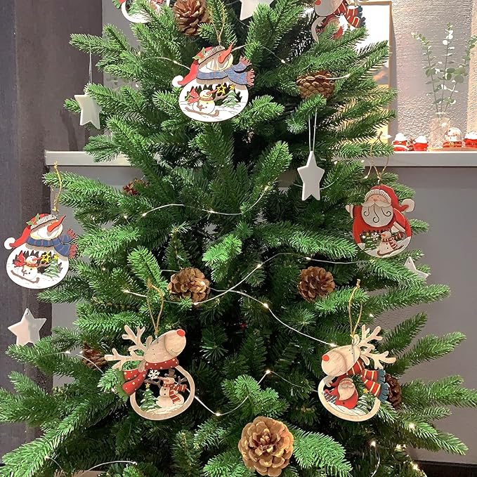 Christmas Ornaments Set 8-Pack, Retro Xmas Tree Hanging Ornaments, Wooden Santa Snowman Xmas Reideer Ornaments for Tree Holiday Decorations, Outdoor Holiday Home Decorations