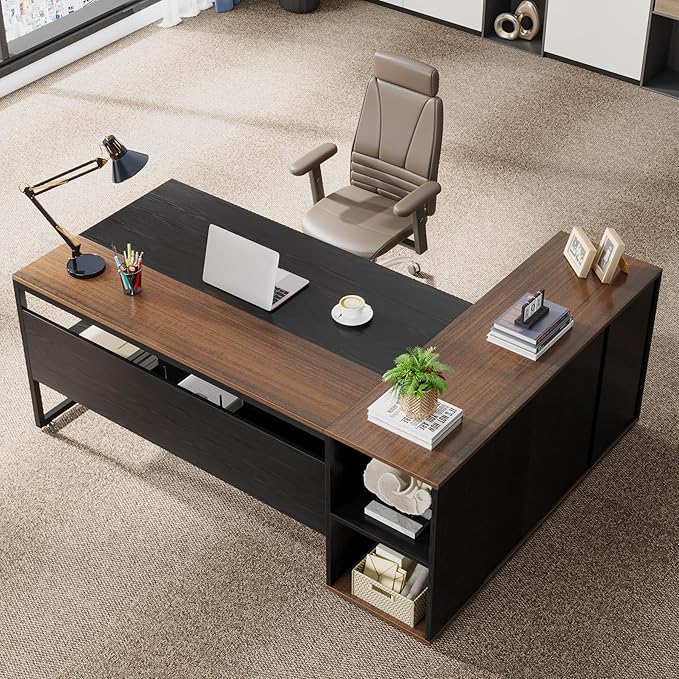 Tribesigns 71 inch Executive Desk, L Shaped Desk with Cabinet Storage, Executive Office Desk with Shelves, Business Furniture Workstation for Home Office, Black and Brown