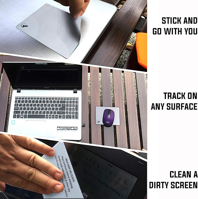 Mouse Pad Adhesive Bottom - Sticks to Any Surface - Portable - Webcam Covers and Screen Cleaner Included (Silver)