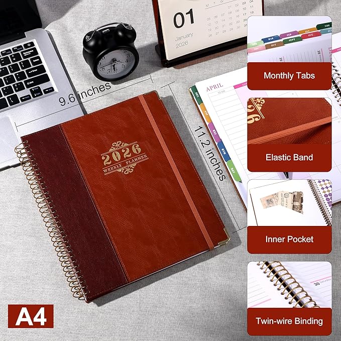 2026 Planner, Weekly and Monthly Calendar Planner Book,Dec 2025 - Dec 2026, Leather Hardcover Spiral Planner with Monthly Tabs, Notes Pages, Perfect for Women & Men, A4 (9.6" x 11.2") - Rust Brown