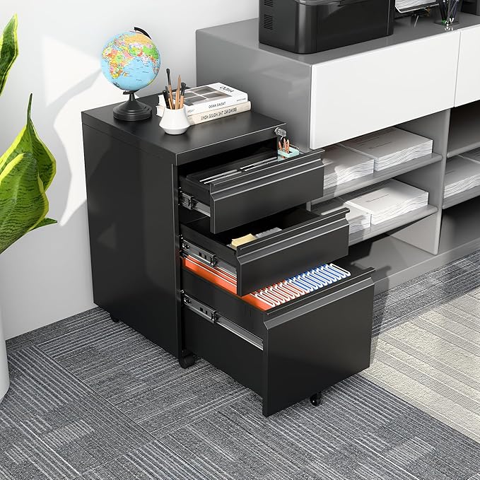3 Drawer Under Desk Mobile File Cabinet with Lock, Metal Storage Cabinet for Office & Home, Legal/Letter Size, Fully Assembled Except Wheels, Black