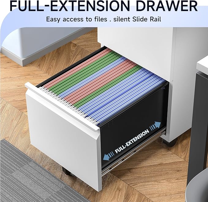 2 Drawer Mobile File Cabinet with Lock for Home Office, Small Rolling Cabinet for Legal/Letter/A4 (White)