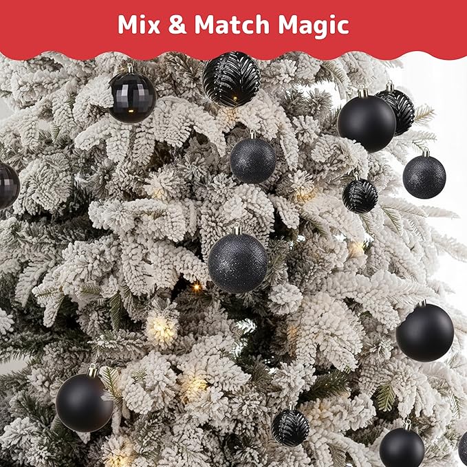 PREXTEX 36 Piece Christmas Ornaments Set - Black Shatterproof Balls in 6 Styles and 3 Sizes with Hanging Loops - Elegant Christmas Tree Decorations for Indoor and Outdoor Black Xmas Tree Display