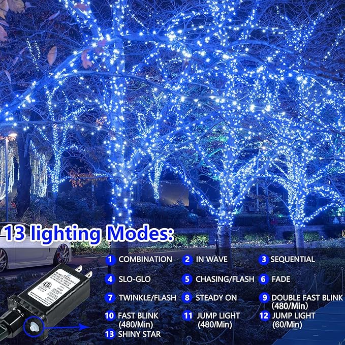 2-Pack 200 LED Extendable Christmas Lights, 66FT Blue Christmas Decorations String Lights Outdoor Indoor Tree Lights, 13 Modes Plug in Mini Fairy Lights Waterproof with Timer and Memory Function