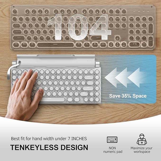 Retro Typewriter Wireless Mechanical Gaming Keyboard, Bluetooth 5.0 Office Computer Vintage Keyboards 83-Key Blue Switches Punk Round Keycap, LED Backlight, Compatible with PC/Laptop/Pad/Phone, White